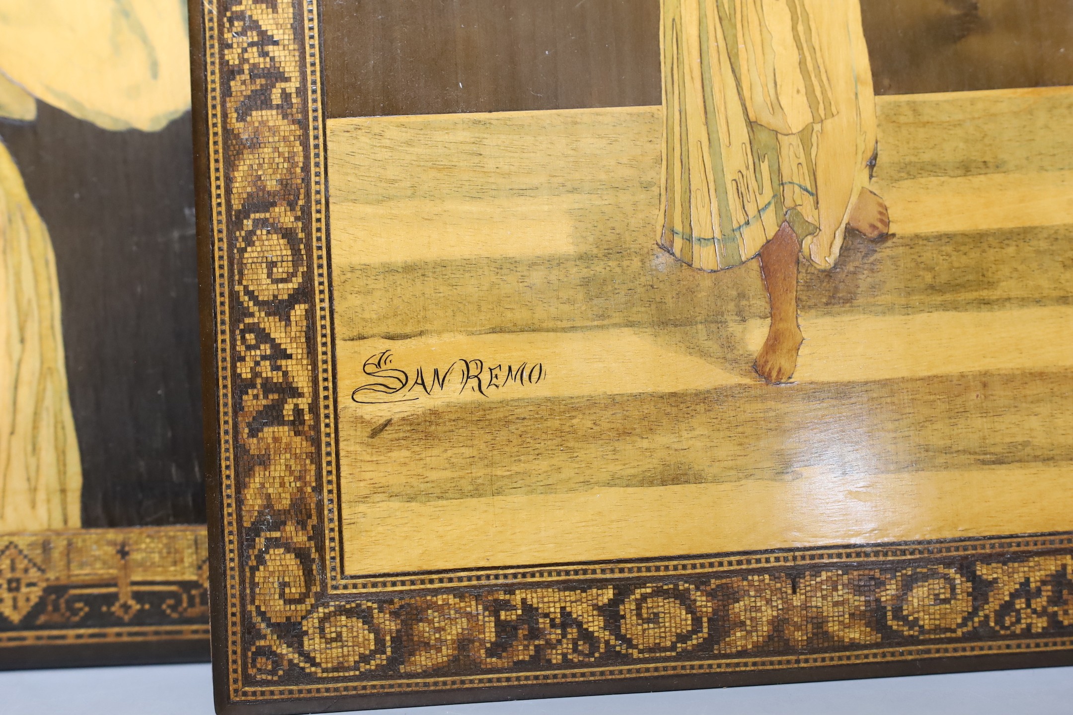 Two 19th century Sorento marquetry panels, both signed, San Remo and Gargiule, largest 38x26cm